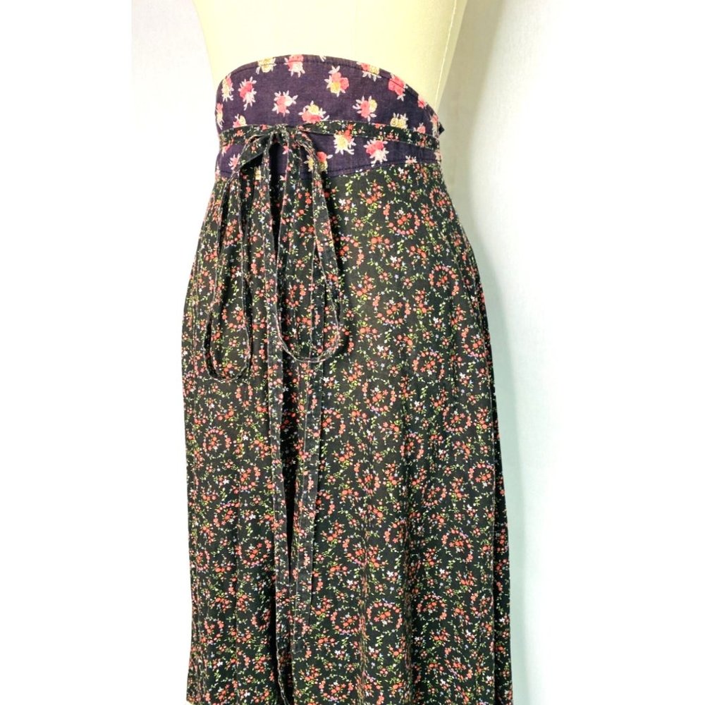 Vintage 70s Prairie Peasant Maxi Skirt Sz S Black Floral Calico Print Lace - Picture 2 of 9